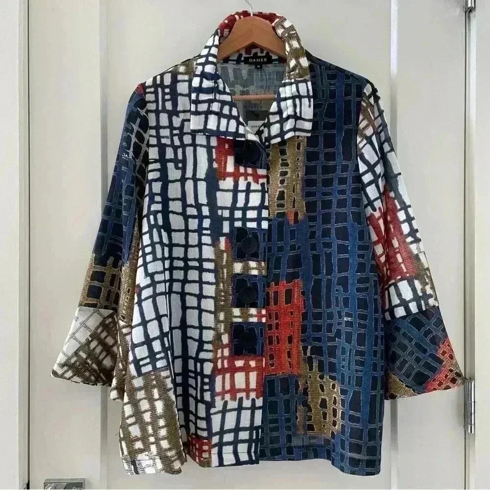 Damee Color Block Grids Blouse Size M Nwt - image 2